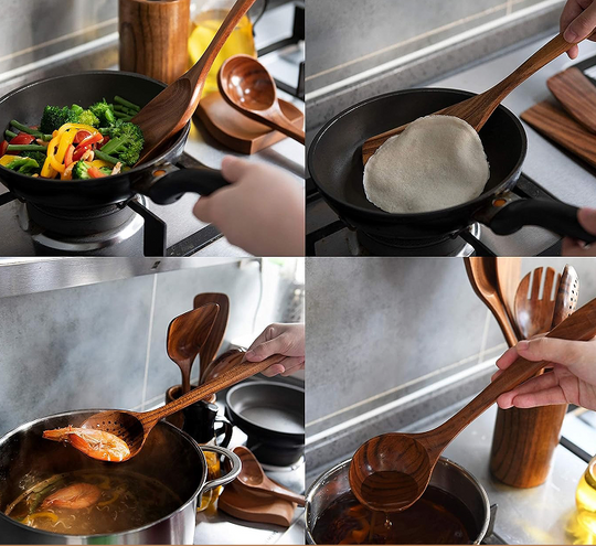 Wooden Utensils Set with Holder, Spoon Rest & Hooks - 12 PCs