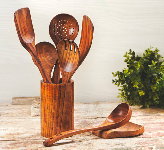 Wooden Utensils Set with Holder, Spoon Rest & Hooks - 8 PCs