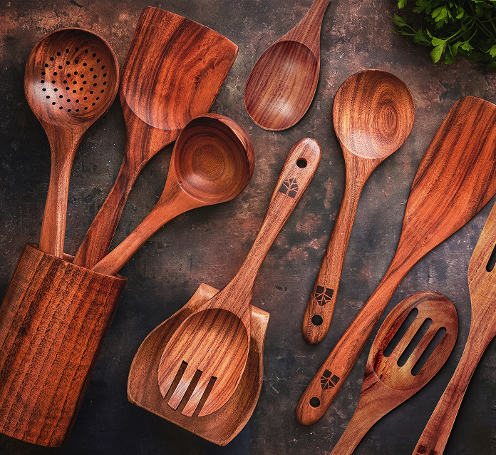 Wooden Utensils Set with Holder, Spoon Rest & Hooks - 12 PCs
