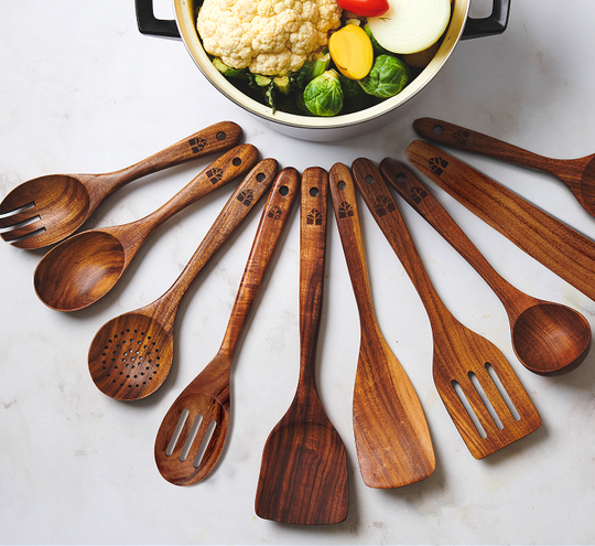 Wooden Utensils Set with Holder, Spoon Rest & Hooks - 12 PCs