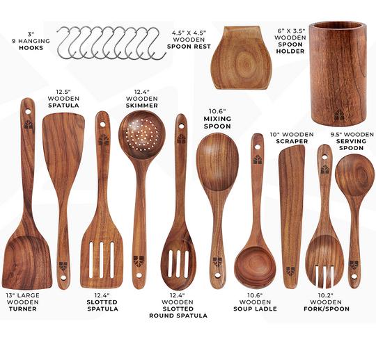 Wooden Utensils Set with Holder, Spoon Rest & Hooks - 12 PCs