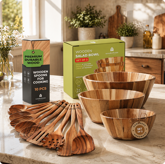10 Wooden Spoons + 3 Salad Bowls Set