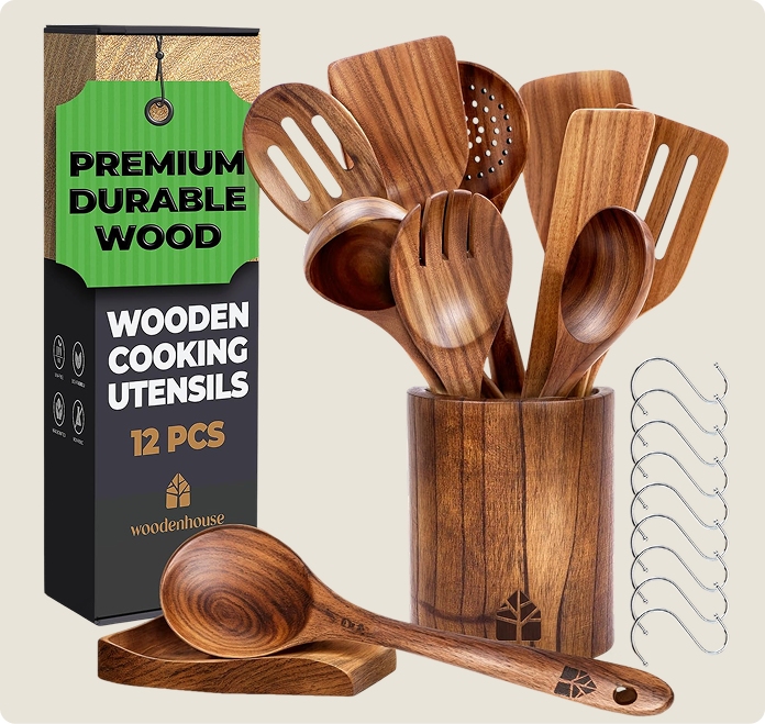 Wooden Utensils Set with Holder, Spoon Rest & Hooks - 12 PCs