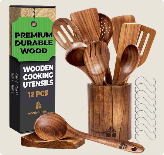 Wooden Utensils Set with Holder, Spoon Rest & Hooks - 12 PCs