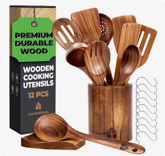 Wooden Utensils Set with Holder, Spoon Rest & Hooks - 12 PCs