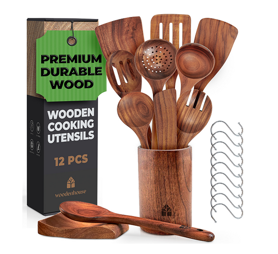 Wooden Utensils Set with Holder, Spoon Rest & Hooks
