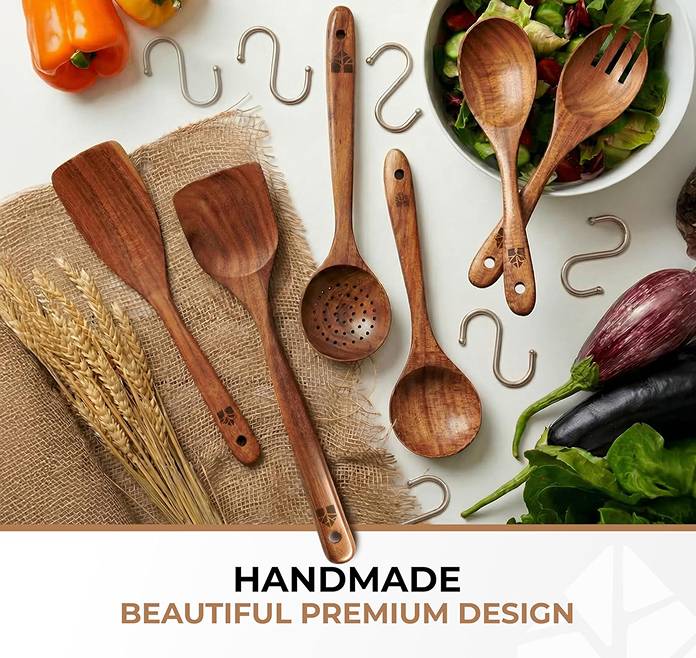 Wooden Spoons 6 Piece Set with Hooks