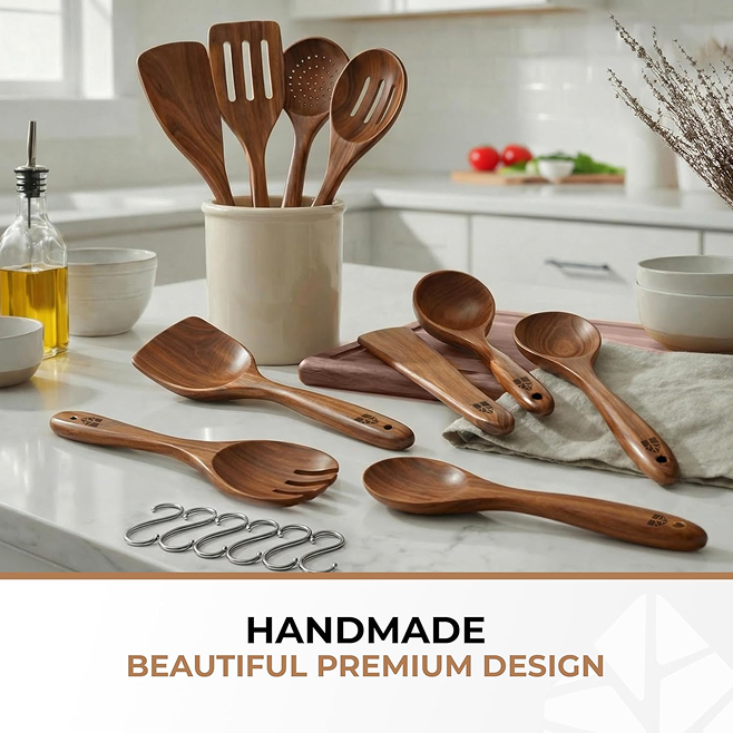 Wooden Spoons 10 Piece Set with Hooks