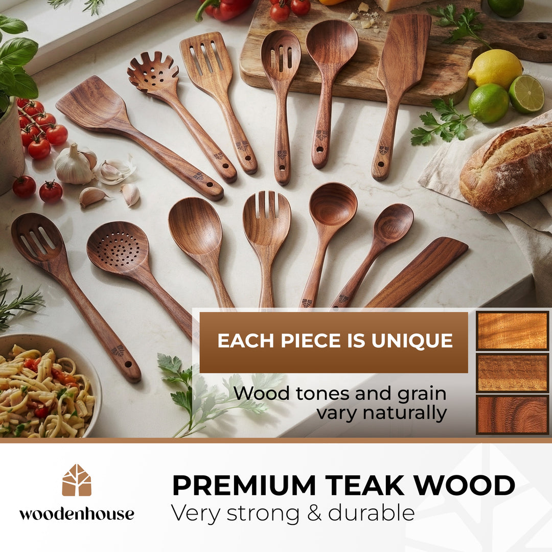 Wooden Spoons for Cooking 13 Pcs, Teak Wooden Utensil Set for Nonstick Pans Includes wok turner, pasta server, ladle, skimmer and scraper; durable and no-crack; ergonomic and easy to wash
