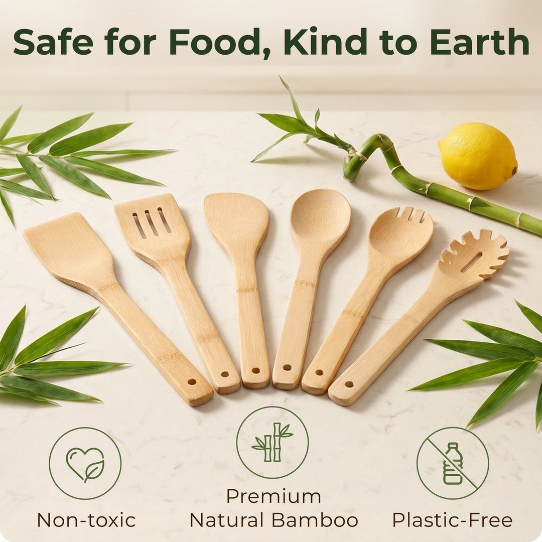 Wooden Spoons for Cooking, 6 Pcs Bamboo Utensil Set – Nonstick Safe Heat-Resistant, Easy to Clean & Sturdy – Smooth Finish with Comfortable Handles, Food-Safe