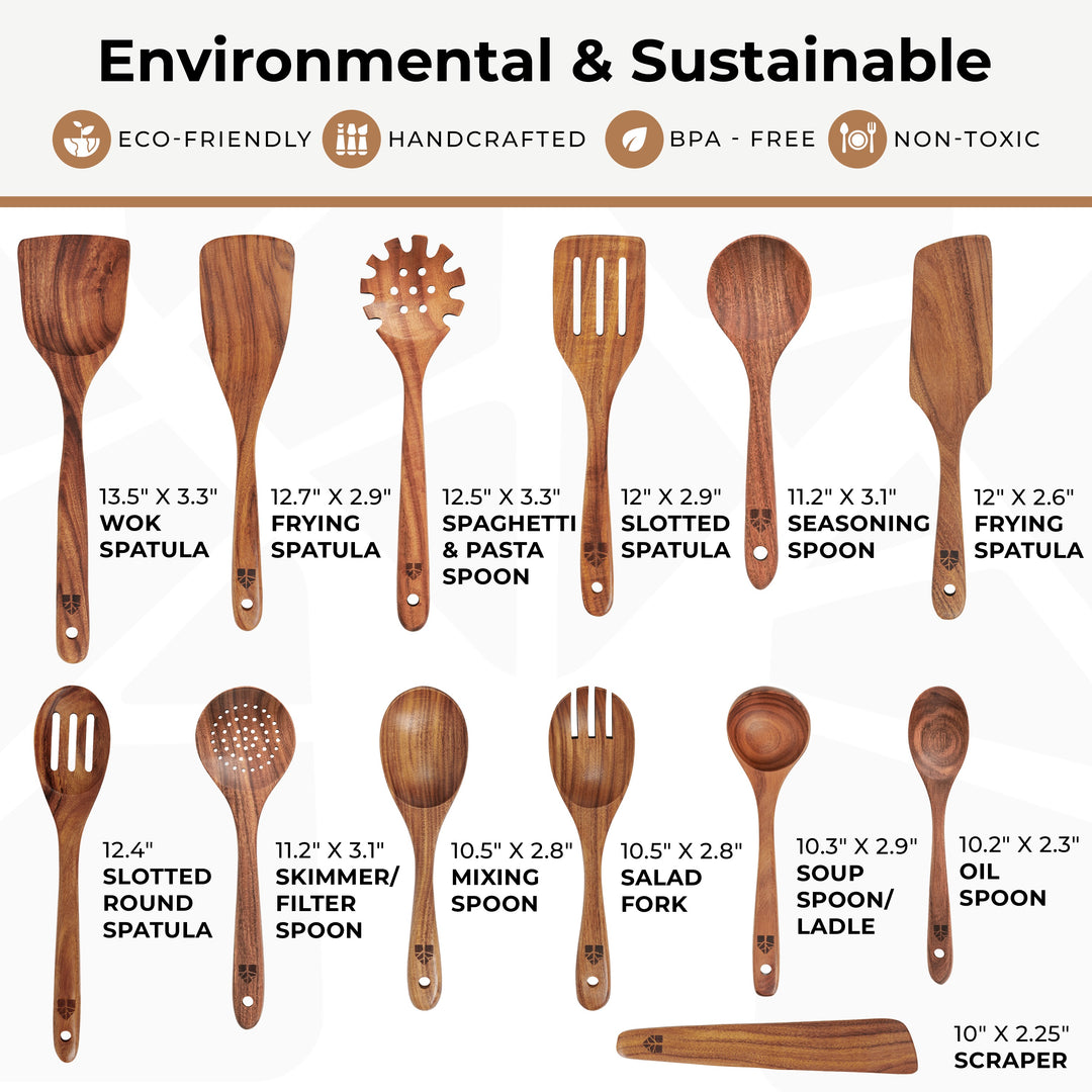 Wooden Spoons for Cooking 13 Pcs, Teak Wooden Utensil Set for Nonstick Pans Includes wok turner, pasta server, ladle, skimmer and scraper; durable and no-crack; ergonomic and easy to wash