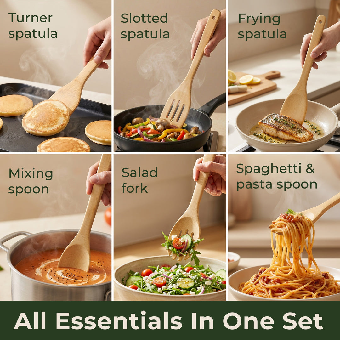 Wooden Spoons for Cooking, 6 Pcs Bamboo Utensil Set – Nonstick Safe Heat-Resistant, Easy to Clean & Sturdy – Smooth Finish with Comfortable Handles, Food-Safe