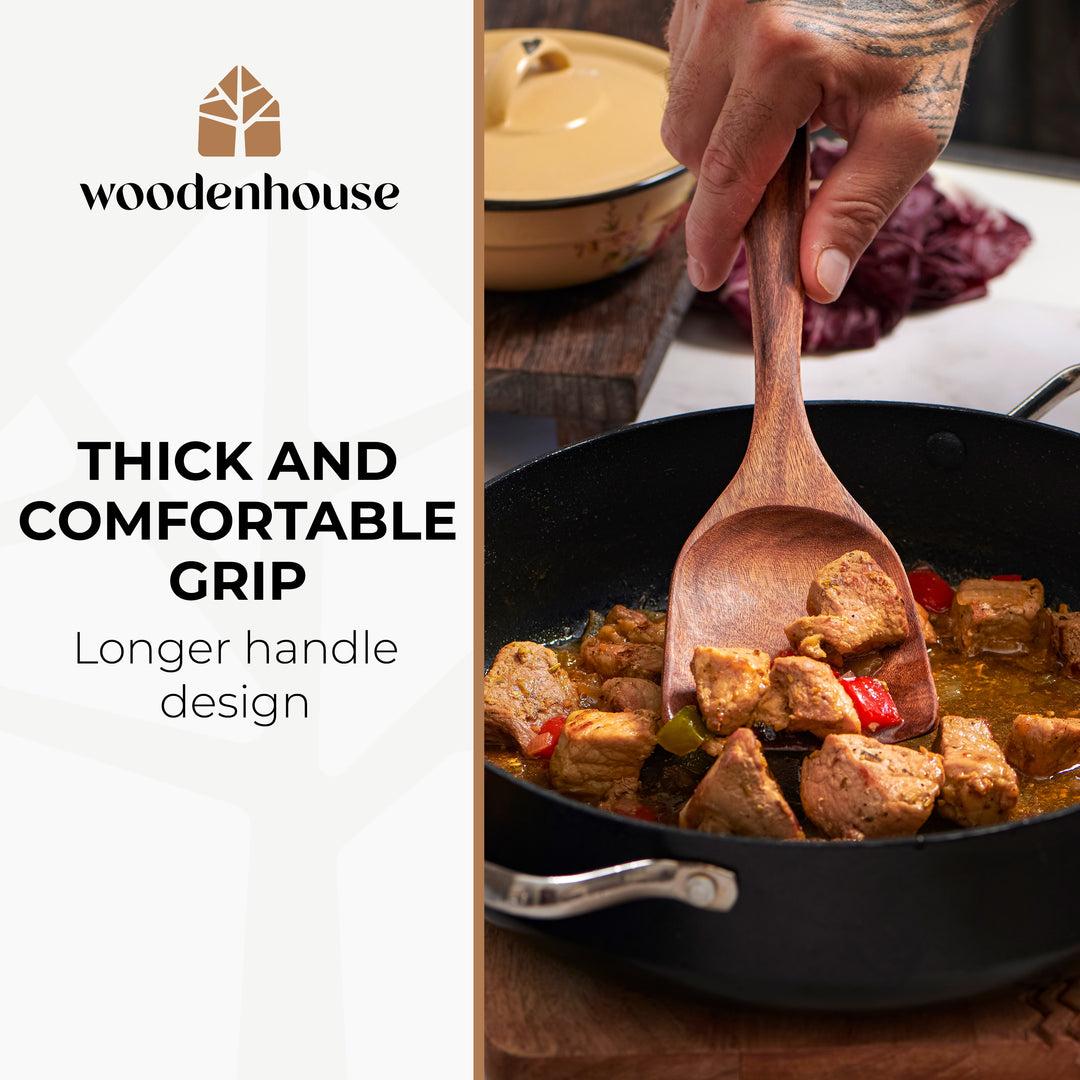 Wooden Spoons for Cooking 13 Pcs, Teak Wooden Utensil Set for Nonstick Pans Includes wok turner, pasta server, ladle, skimmer and scraper; durable and no-crack; ergonomic and easy to wash
