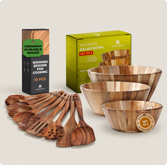 10 Wooden Spoons + 3 Salad Bowls Set
