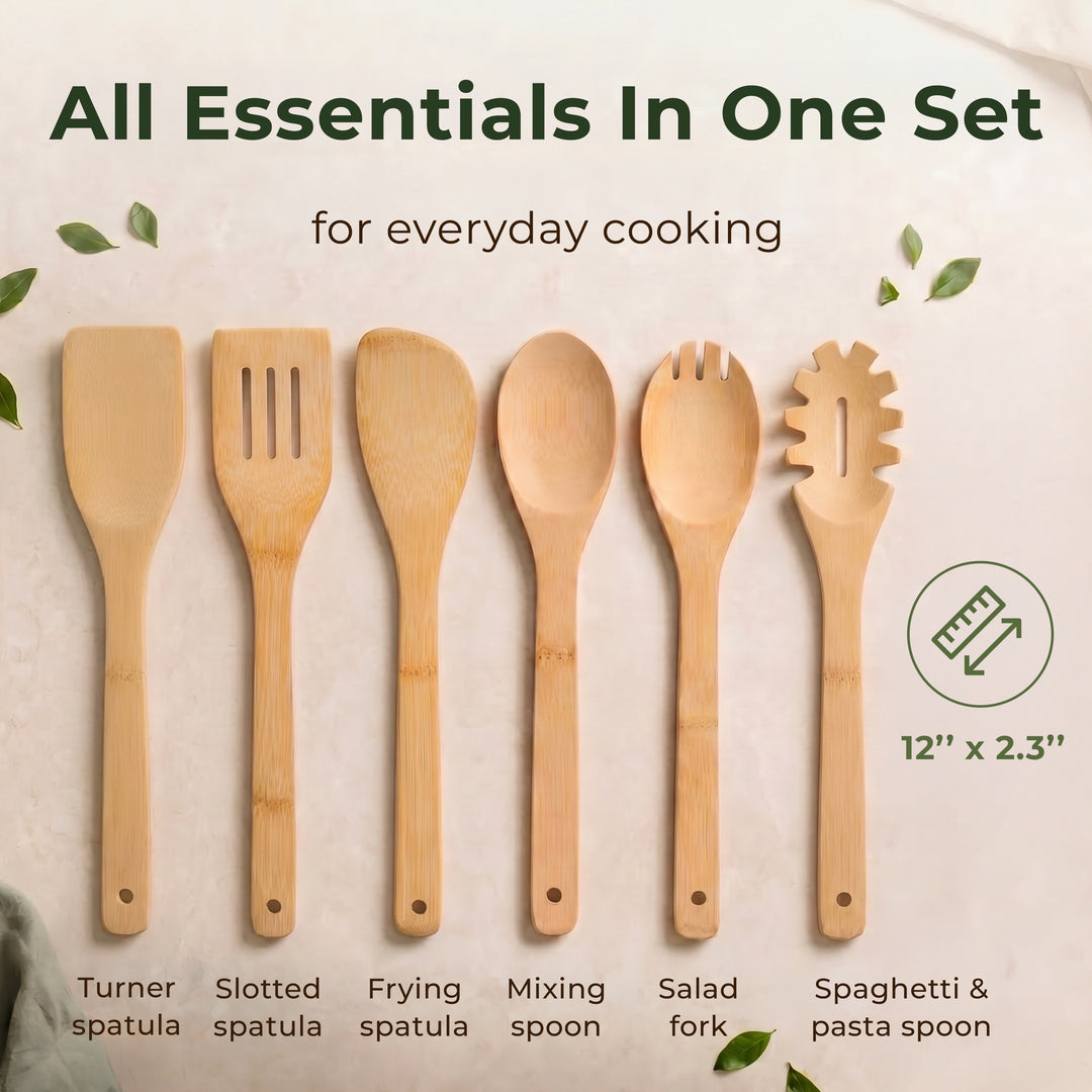 Wooden Spoons for Cooking, 6 Pcs Bamboo Utensil Set – Nonstick Safe Heat-Resistant, Easy to Clean & Sturdy – Smooth Finish with Comfortable Handles, Food-Safe