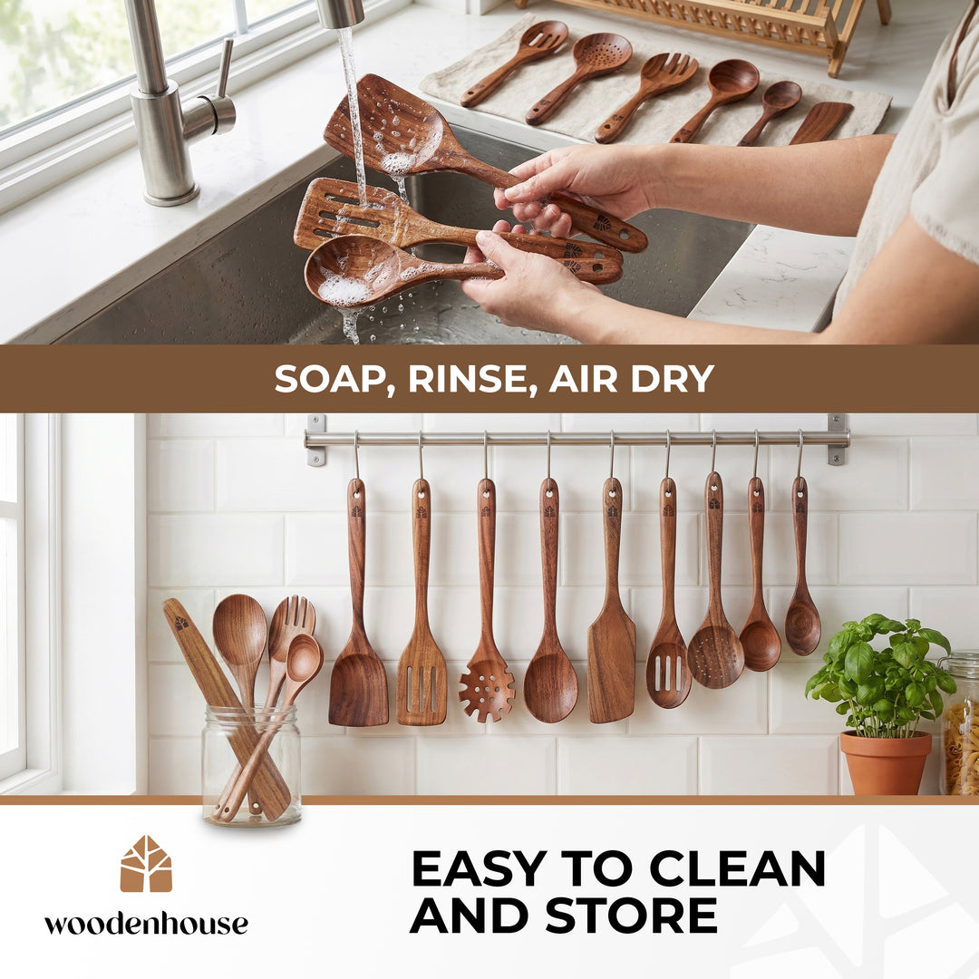 Wooden Spoons for Cooking 13 Pcs, Teak Wooden Utensil Set for Nonstick Pans Includes wok turner, pasta server, ladle, skimmer and scraper; durable and no-crack; ergonomic and easy to wash