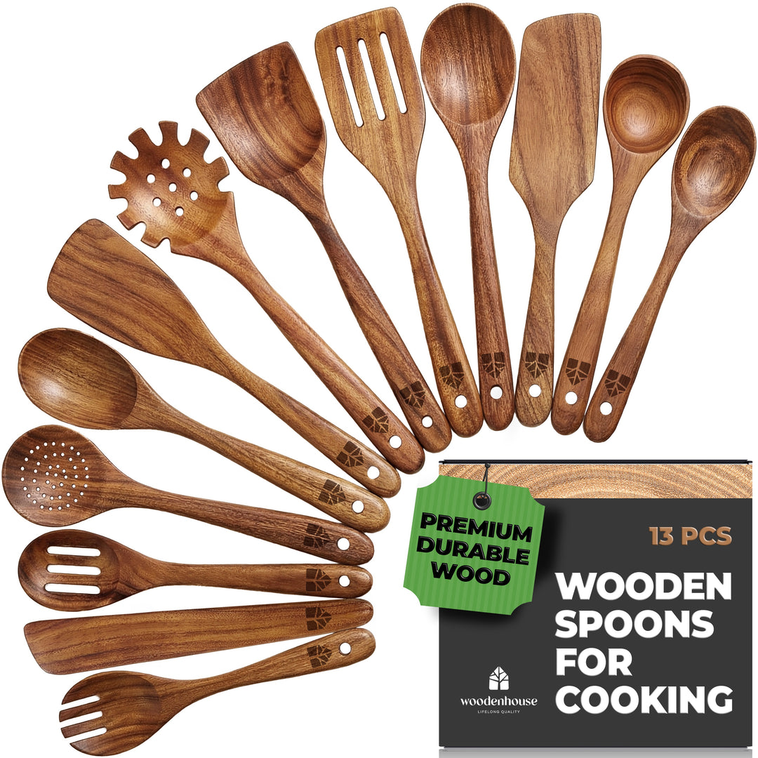 Wooden Spoons for Cooking 13 Pcs, Teak Wooden Utensil Set for Nonstick Pans Includes wok turner, pasta server, ladle, skimmer and scraper; durable and no-crack; ergonomic and easy to wash