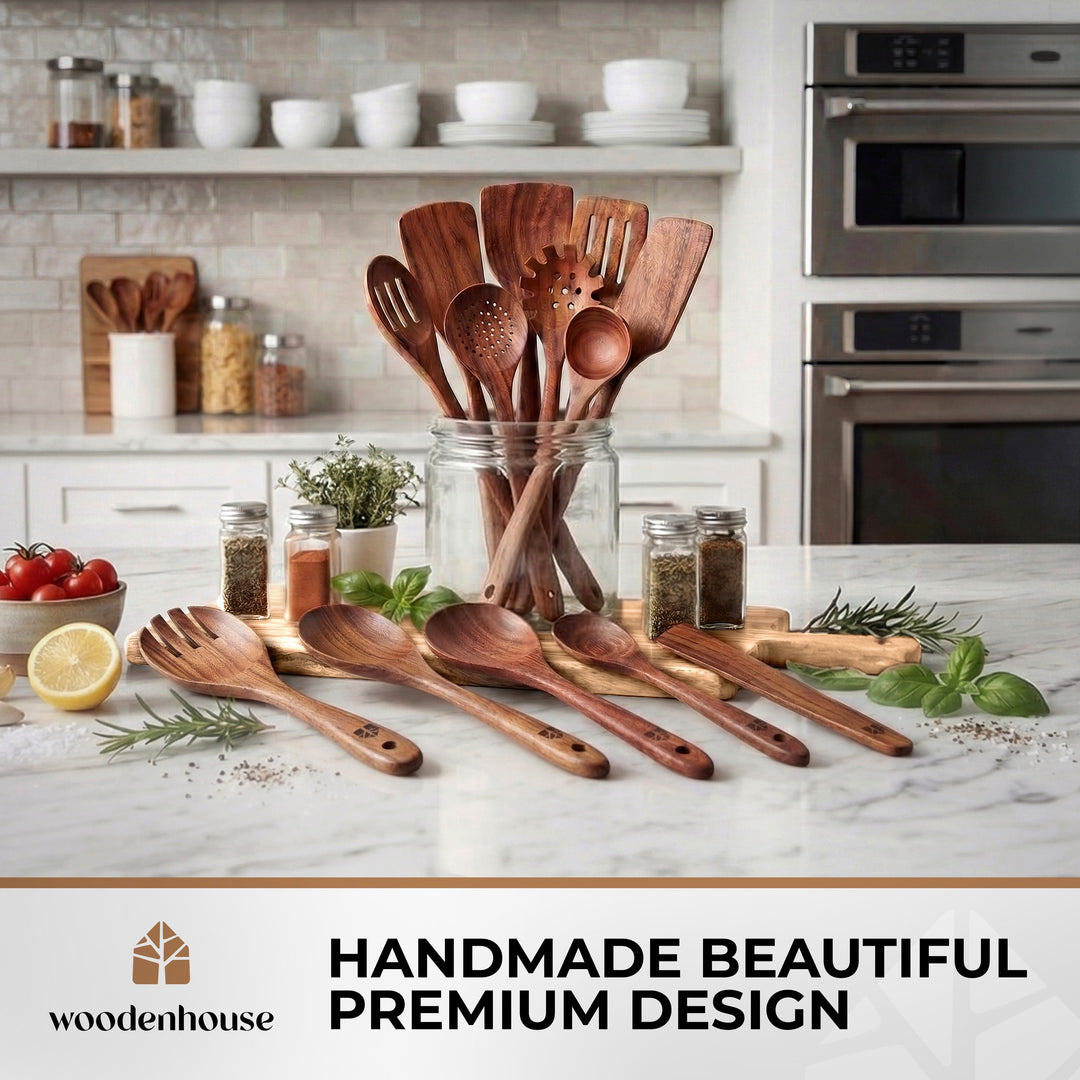 Wooden Spoons for Cooking 13 Pcs, Teak Wooden Utensil Set for Nonstick Pans Includes wok turner, pasta server, ladle, skimmer and scraper; durable and no-crack; ergonomic and easy to wash