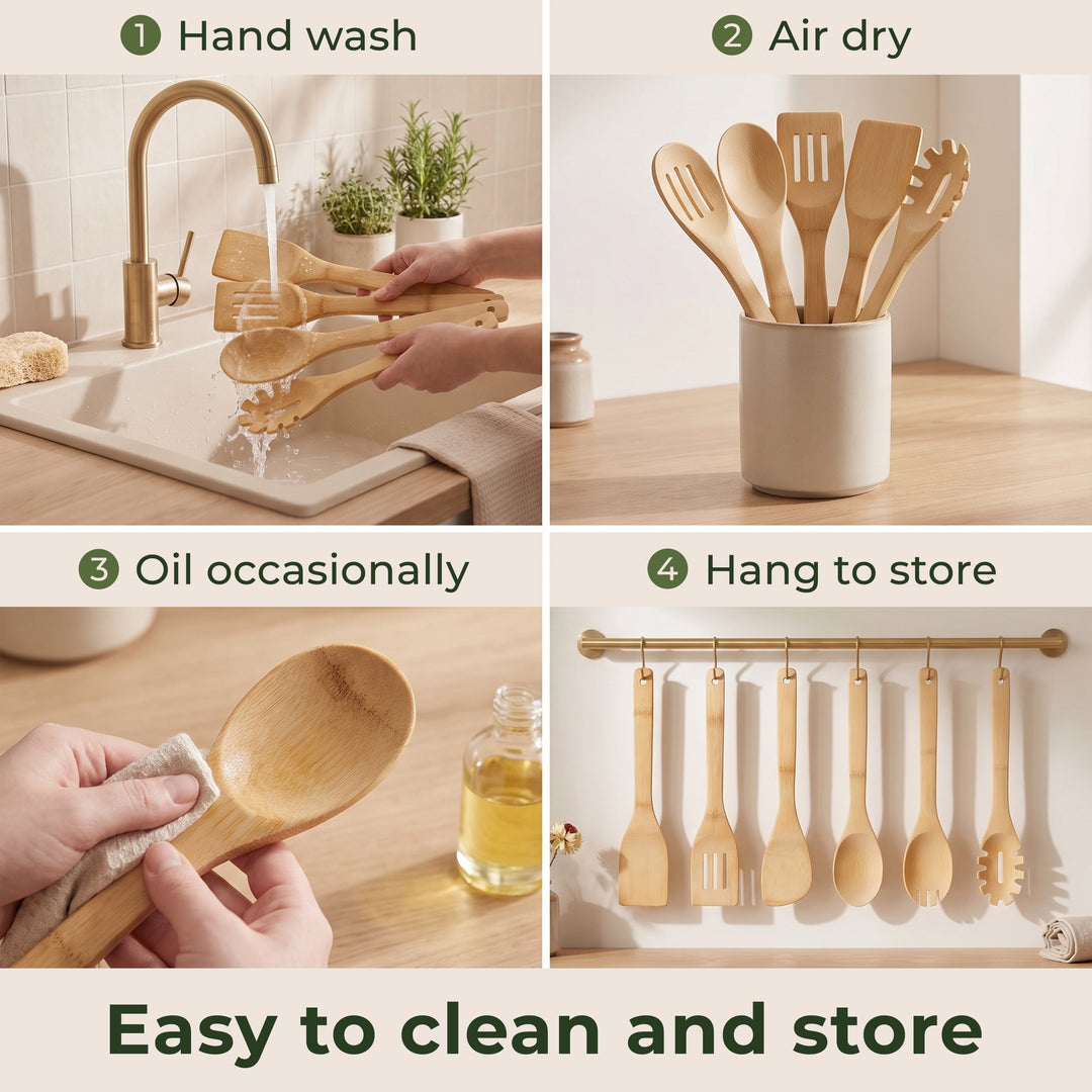 Wooden Spoons for Cooking, 6 Pcs Bamboo Utensil Set – Nonstick Safe Heat-Resistant, Easy to Clean & Sturdy – Smooth Finish with Comfortable Handles, Food-Safe