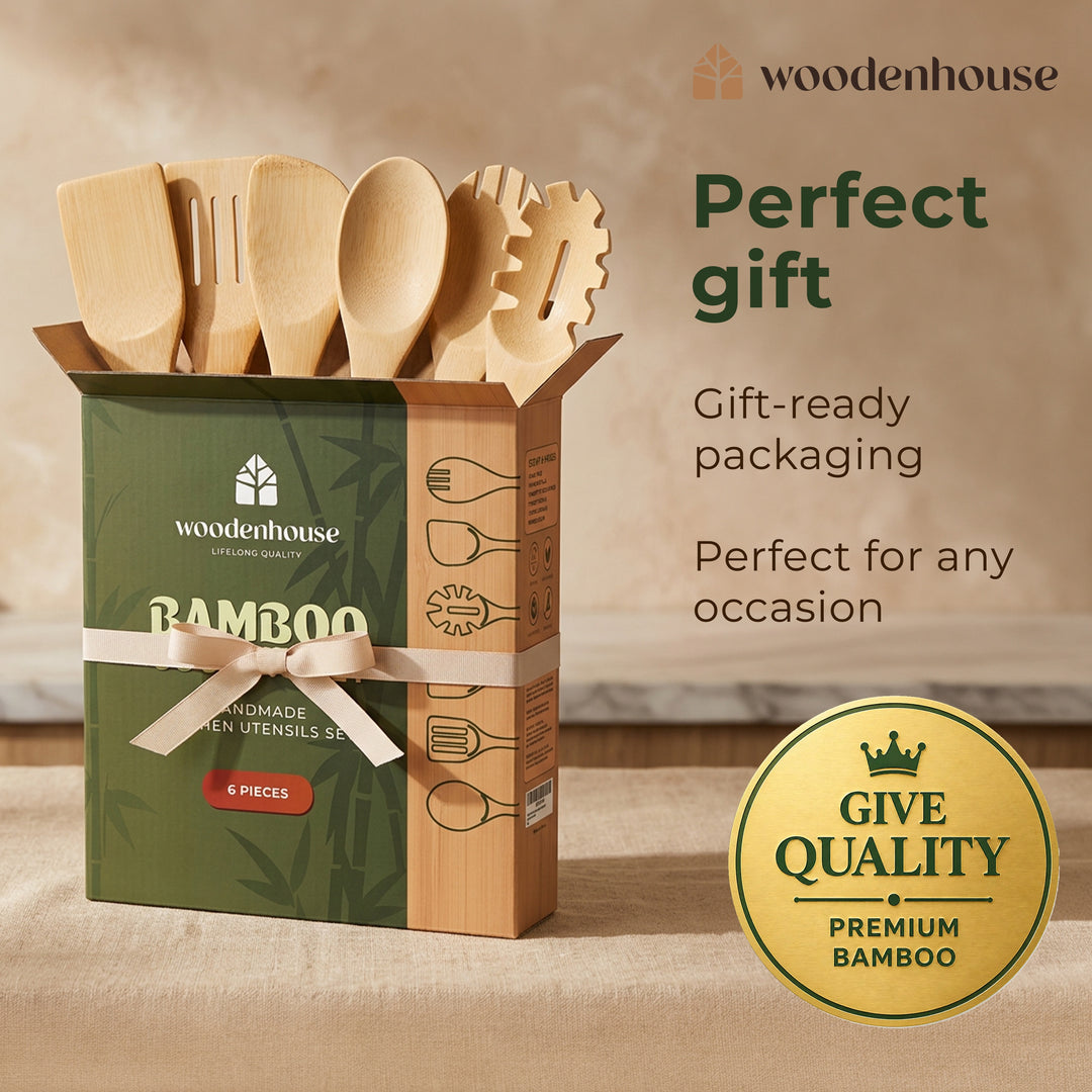 Wooden Spoons for Cooking, 6 Pcs Bamboo Utensil Set – Nonstick Safe Heat-Resistant, Easy to Clean & Sturdy – Smooth Finish with Comfortable Handles, Food-Safe