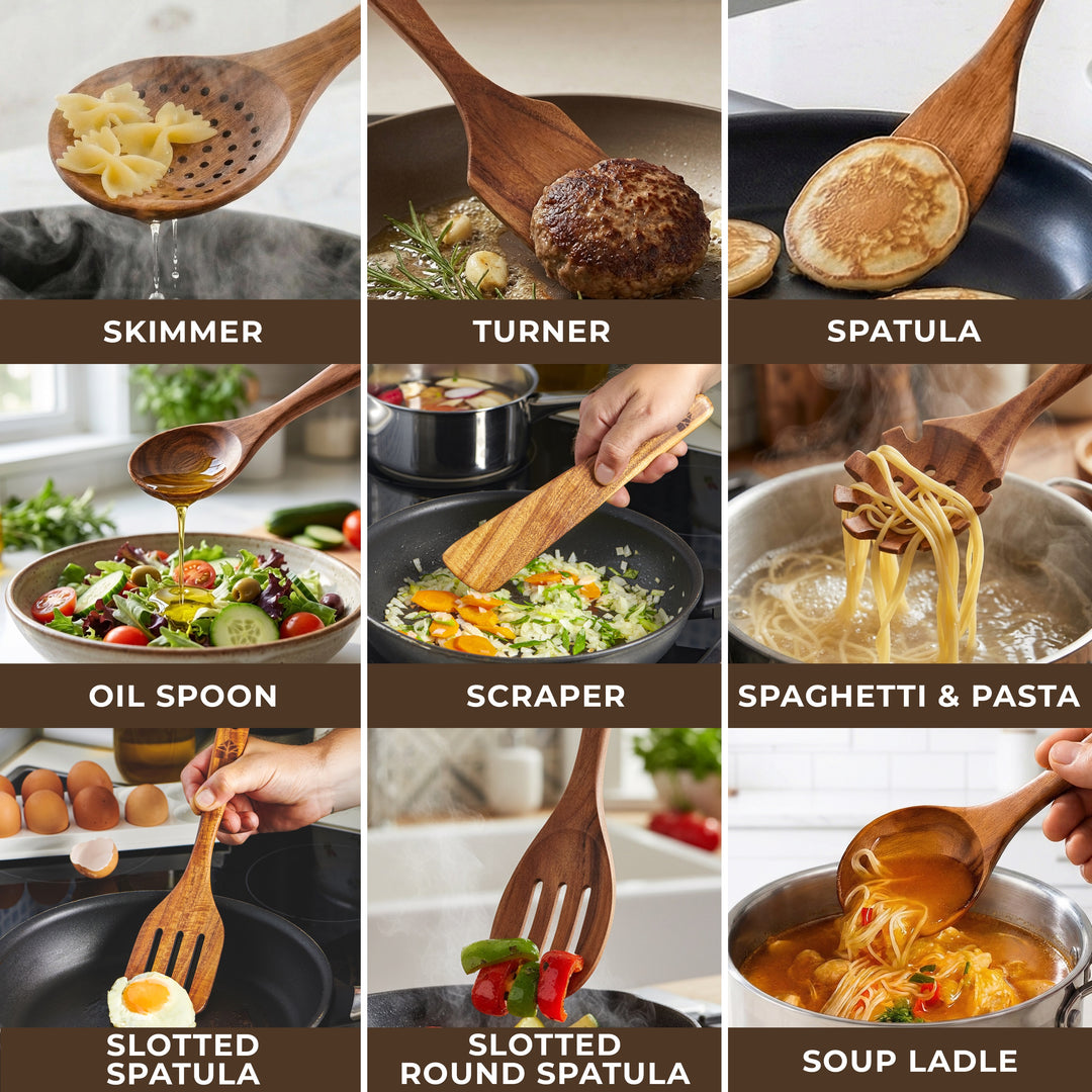 Wooden Spoons for Cooking 13 Pcs, Teak Wooden Utensil Set for Nonstick Pans Includes wok turner, pasta server, ladle, skimmer and scraper; durable and no-crack; ergonomic and easy to wash