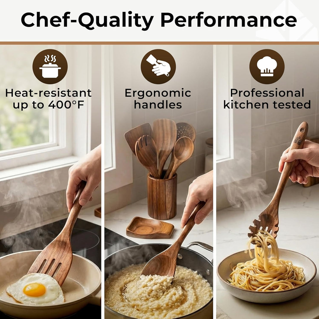 Wooden Utensils Set with Holder, Spoon Rest & Hooks - 8 PCs