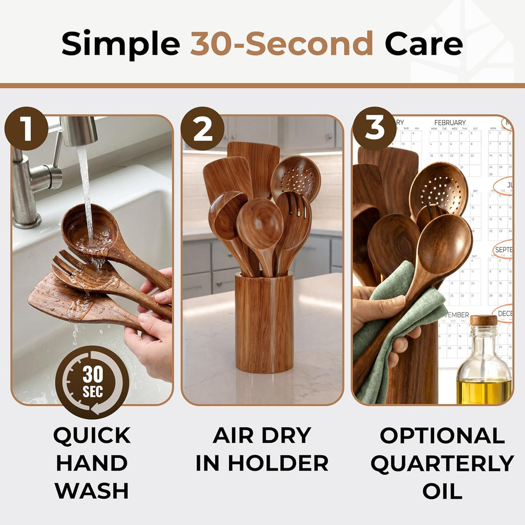 Wooden Utensils Set with Holder, Spoon Rest & Hooks - 8 PCs