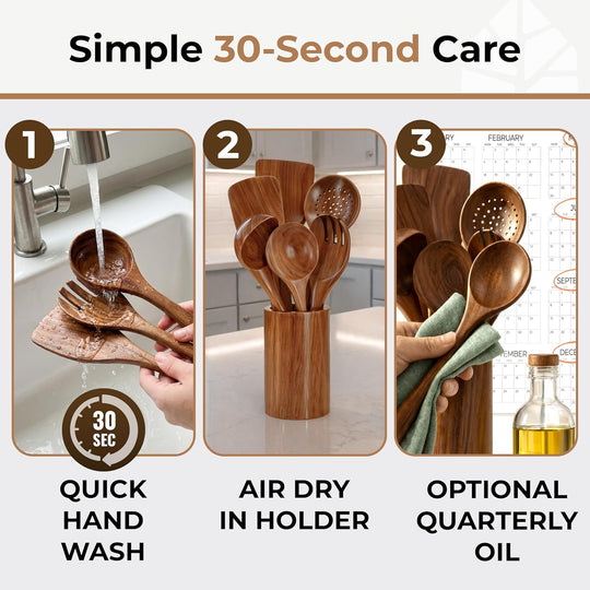 Wooden Utensils Set with Holder, Spoon Rest & Hooks - 8 PCs
