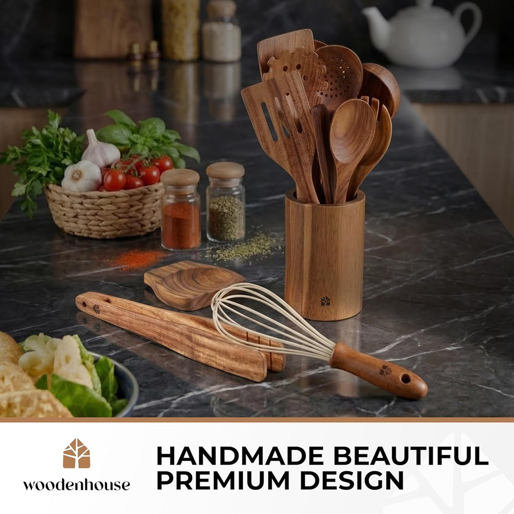 Wooden Spoons for Cooking 13 Pcs with Whisk, and Tongs