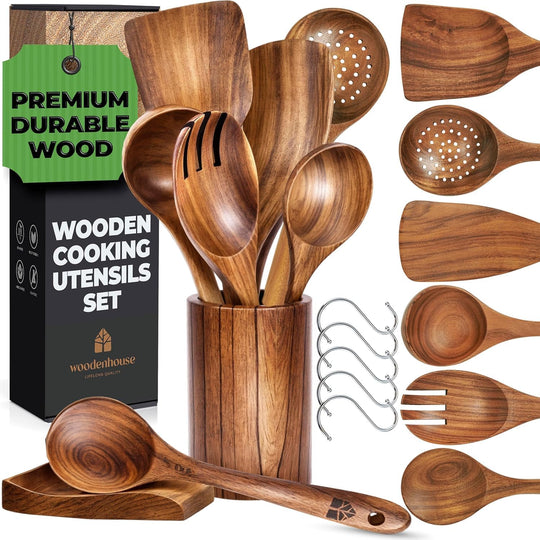 Wooden Utensils Set with Holder, Spoon Rest & Hooks - 8 PCs