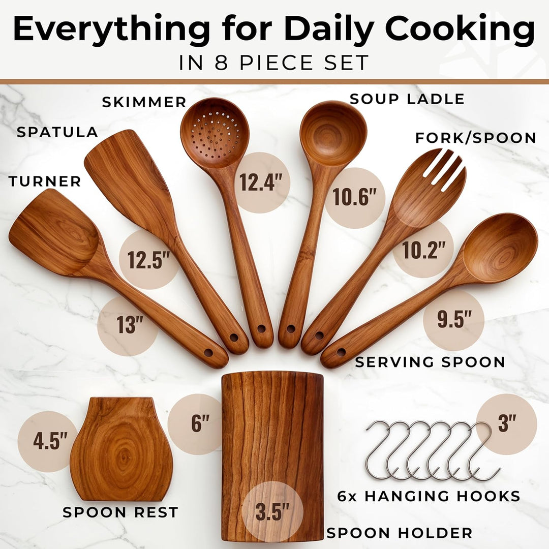 Wooden Utensils Set with Holder, Spoon Rest & Hooks - 8 PCs