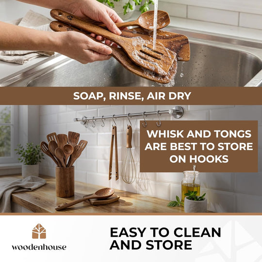 Wooden Spoons for Cooking 13 Pcs with Whisk, and Tongs