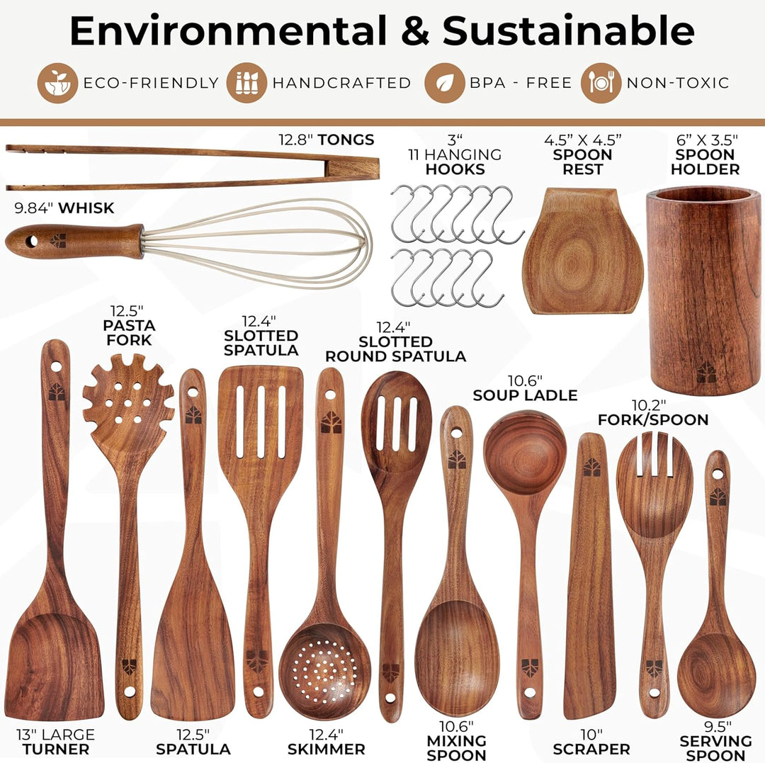 Wooden Spoons for Cooking 13 Pcs with Whisk, and Tongs