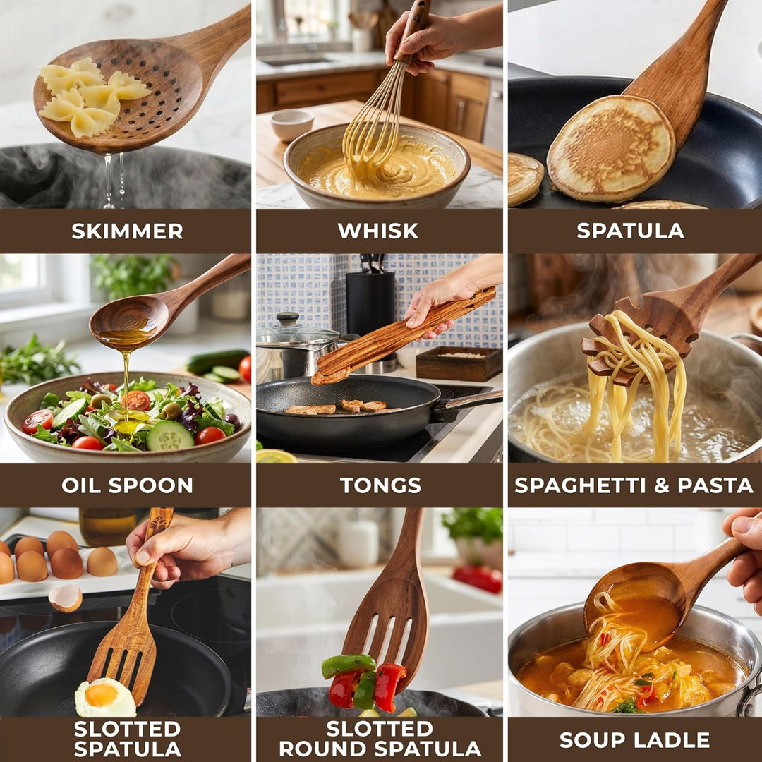Wooden Spoons for Cooking 13 Pcs with Whisk, and Tongs