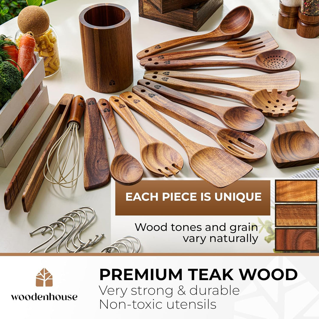 Wooden Spoons for Cooking 13 Pcs with Whisk, and Tongs