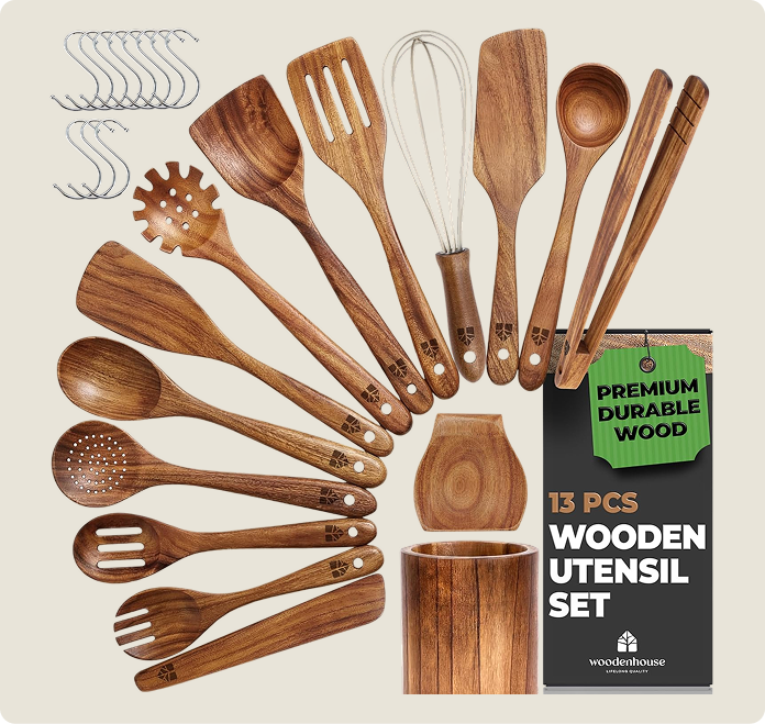 Wooden Spoons for Cooking 13 Pcs with Whisk, and Tongs