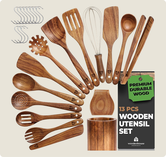 Wooden Spoons for Cooking 13 Pcs with Whisk, and Tongs