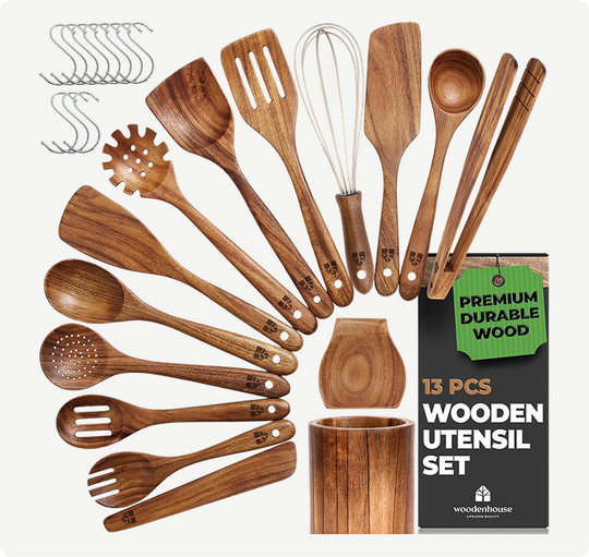 Wooden Spoons for Cooking 13 Pcs with Whisk, and Tongs