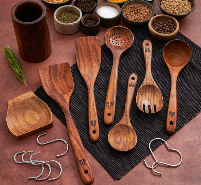 Wooden Utensils Set with Holder, Spoon Rest & Hooks