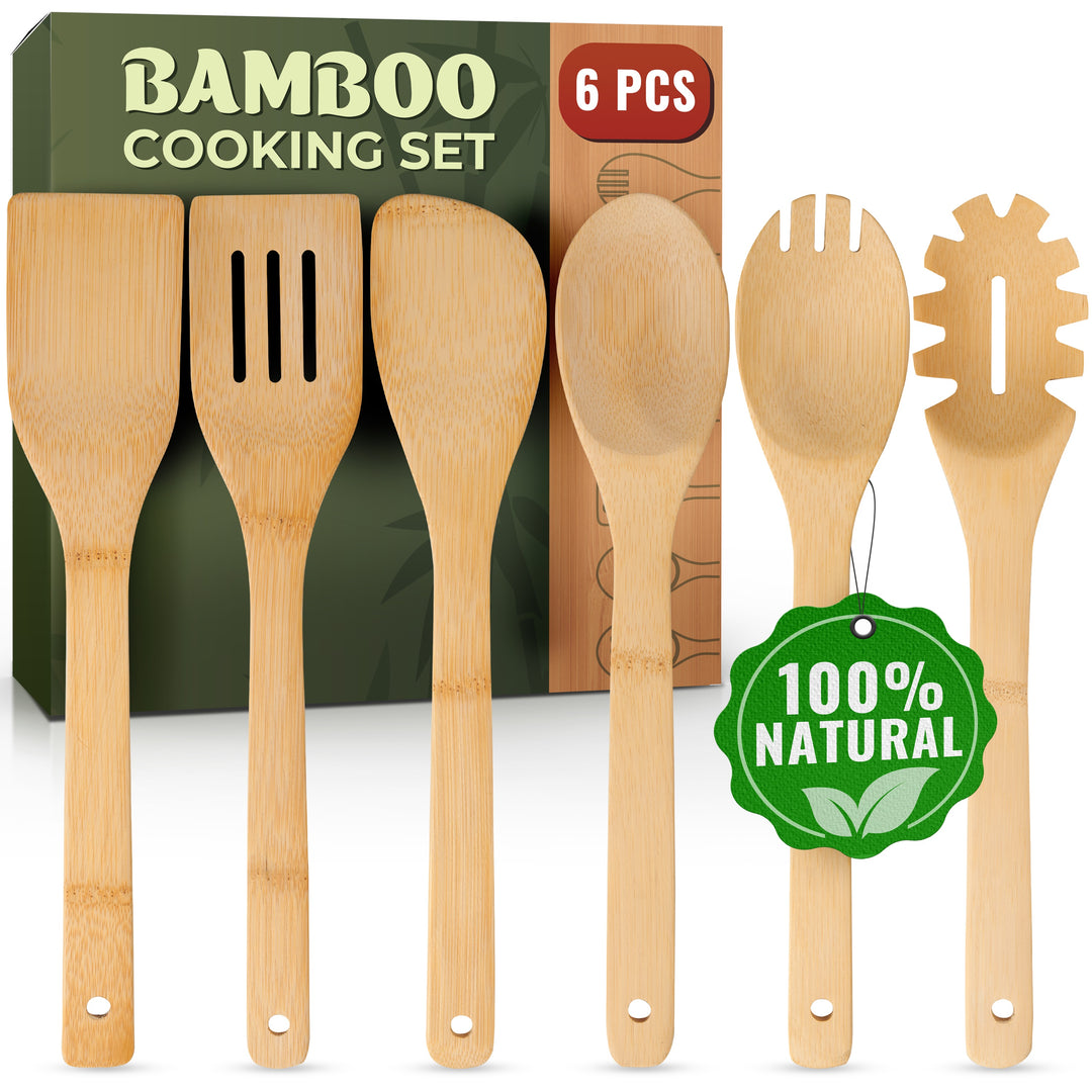 Wooden Spoons for Cooking, 6 Pcs Bamboo Utensil Set – Nonstick Safe Heat-Resistant, Easy to Clean & Sturdy – Smooth Finish with Comfortable Handles, Food-Safe