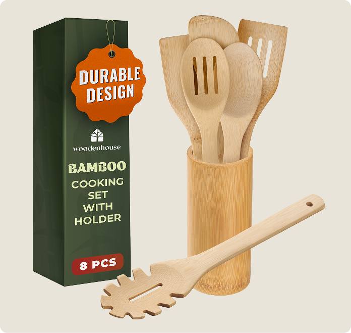 Bamboo Spoons for Cooking – 7-Piece Set with Holder