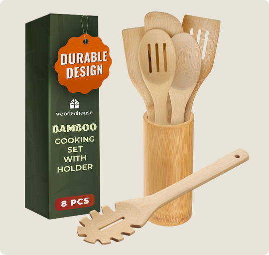 Bamboo Spoons for Cooking – 7-Piece Set with Holder