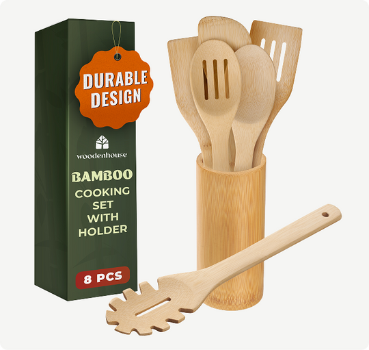 Bamboo Spoons for Cooking – 7-Piece Set with Holder