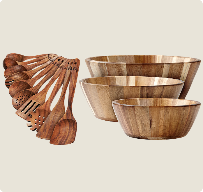 10 Wooden Spoons + 3 Salad Bowls Set