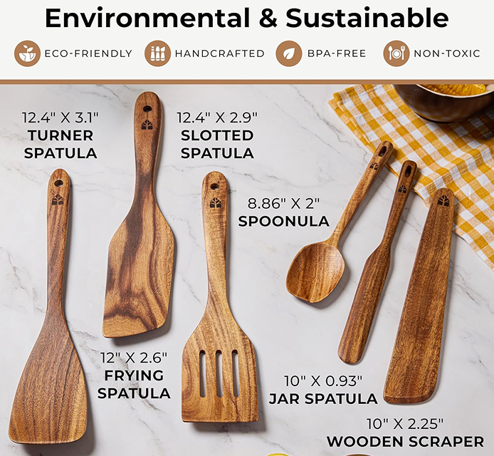 Wooden spatula 6-piece set with jar spatula, and spoonula