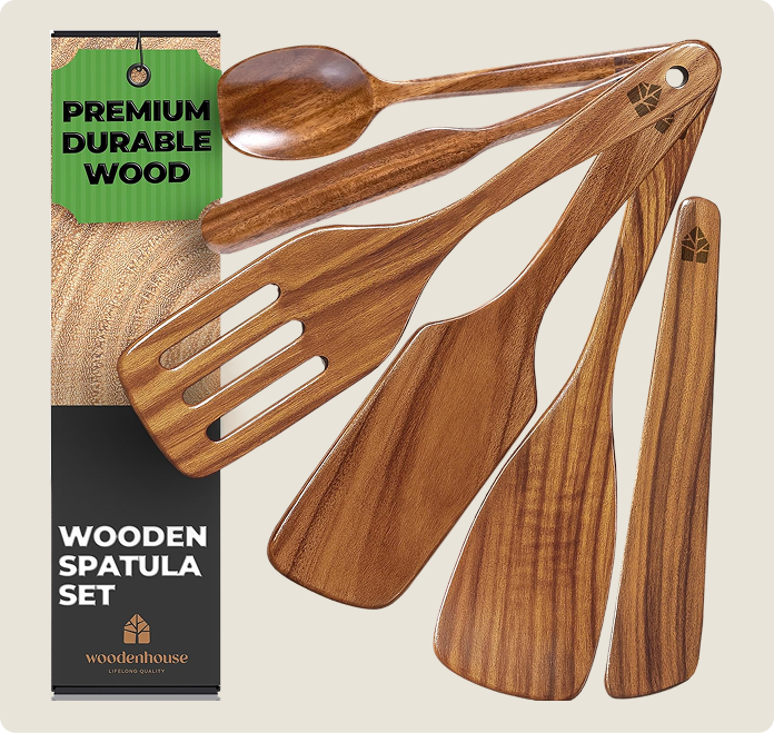 Wooden spatula 6-piece set with jar spatula, and spoonula