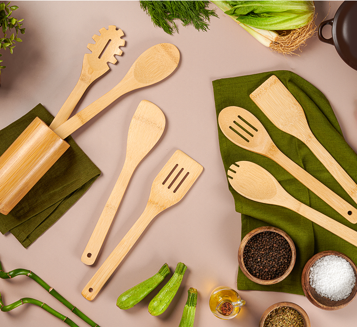 Bamboo Spoons for Cooking – 7-Piece Set with Holder