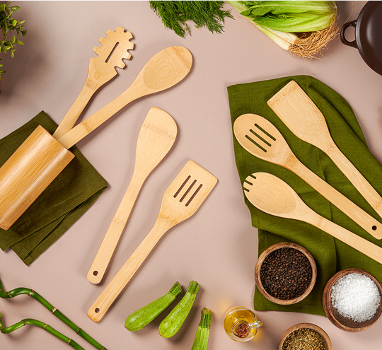 Bamboo Spoons for Cooking – 7-Piece Set with Holder
