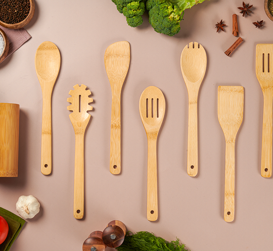 Bamboo Spoons for Cooking – 7-Piece Set with Holder