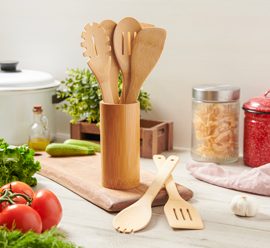 Bamboo Spoons for Cooking – 7-Piece Set with Holder
